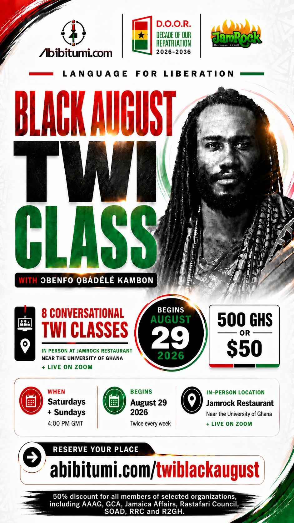 Black August Twi classes begin August 29, 2026, with Abibitumi.com, D.O.O.R., and JamRock logos